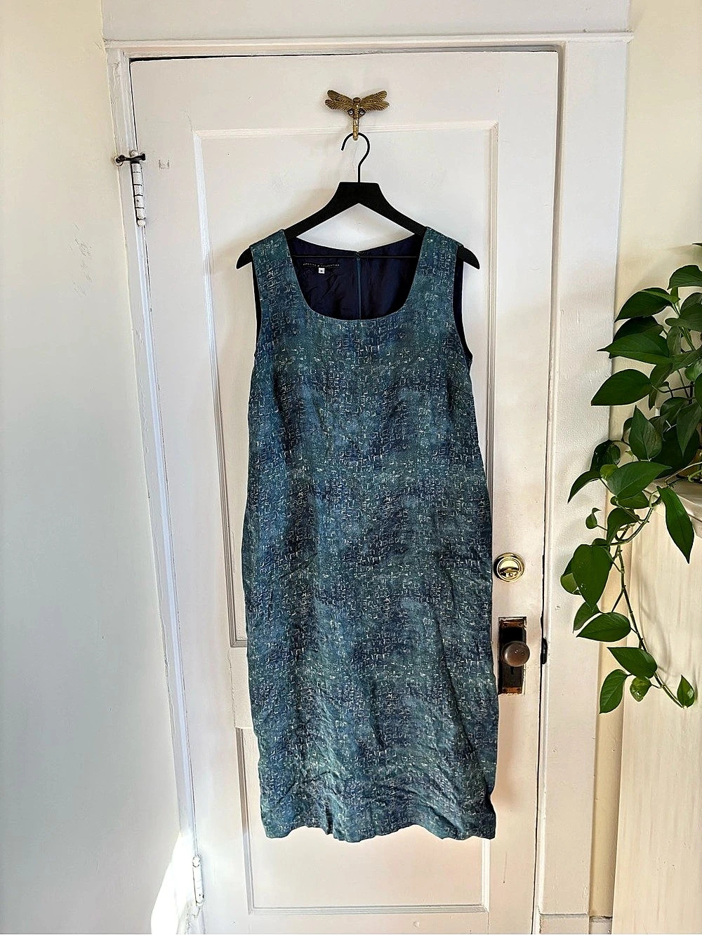 Peruvian Connection Linen Sleeveless Abstract Midi Dress Blue & Green Size 18